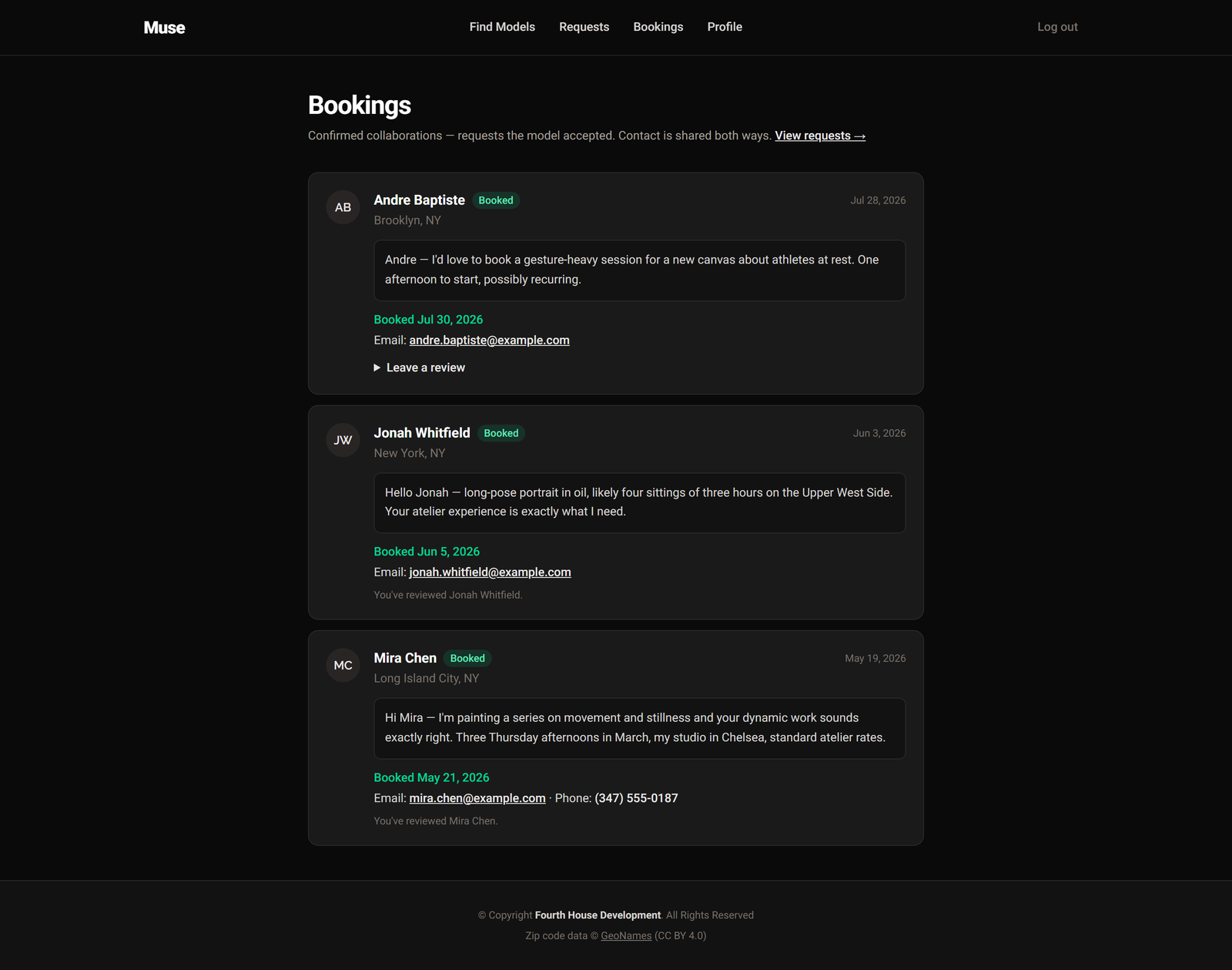 A bookings page listing confirmed collaborations with dates, contact details, and review links.