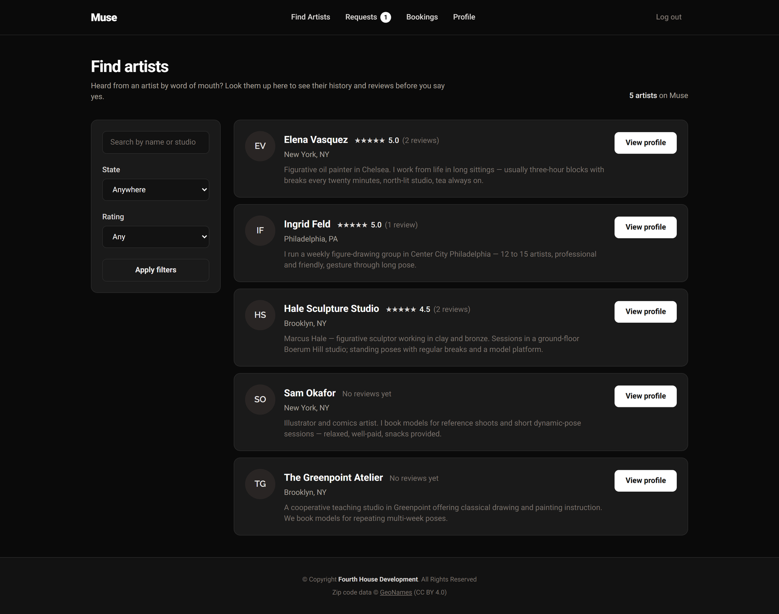 The Muse artist directory listing painters, studios, and illustrators with ratings and descriptions.