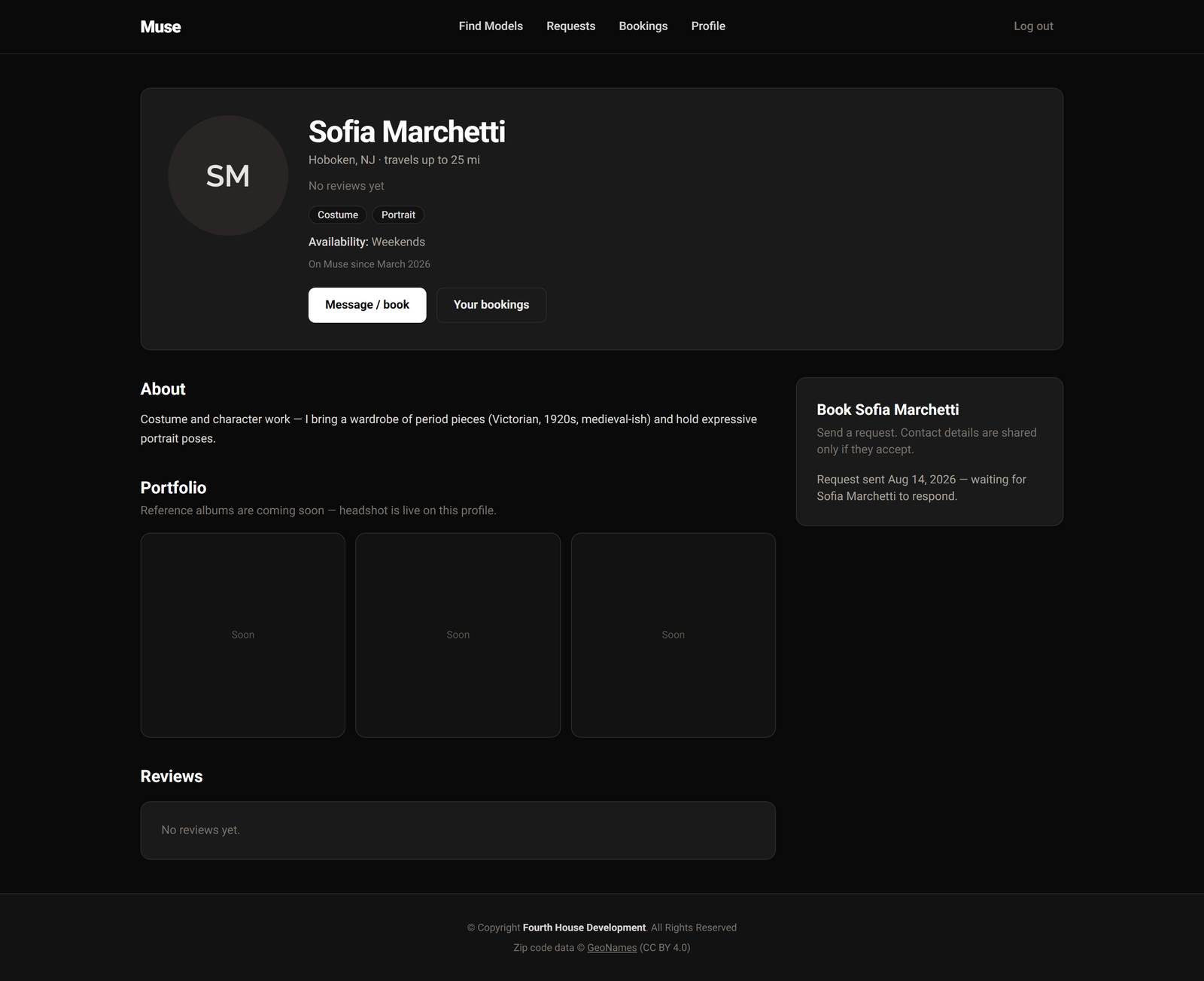 A model profile page showing bio, specialties, availability, portfolio, and a booking panel.